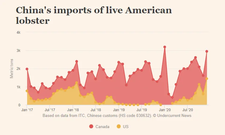 美国波士顿龙虾进口量连续增长,几乎持平加拿大(图3) 美国波士顿龙虾进口量连续增长,几乎持平加拿大(图3)